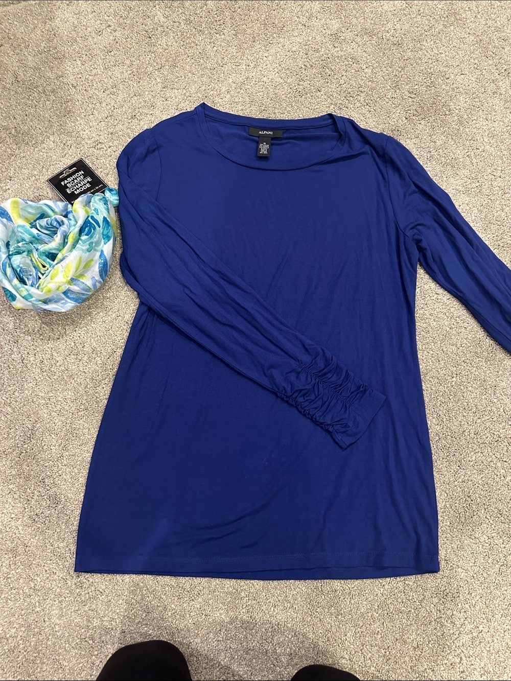 Alfani Long Sleeve Crewneck Top in Royal Blue medium with fashion scarf
